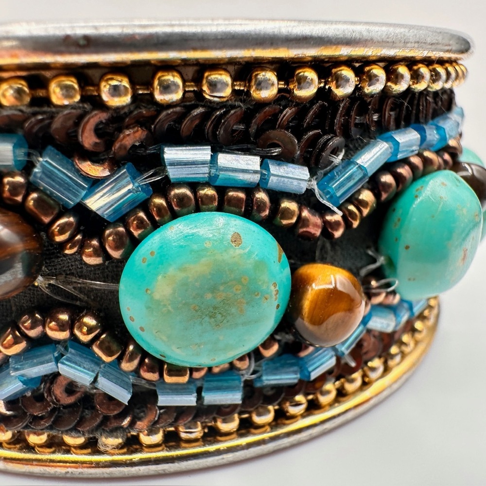 Vintage 90s Mixed Media Bangle Bracelet Turquoise Tiger Eye Glass Beaded Boho - Picture 6 of 12
